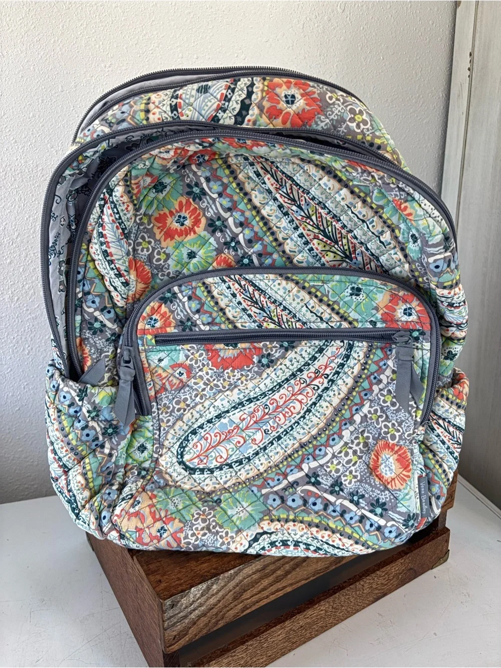 Vera Bradley Quilted Paisley Backpack in Gray with Coral & Aqua Accents